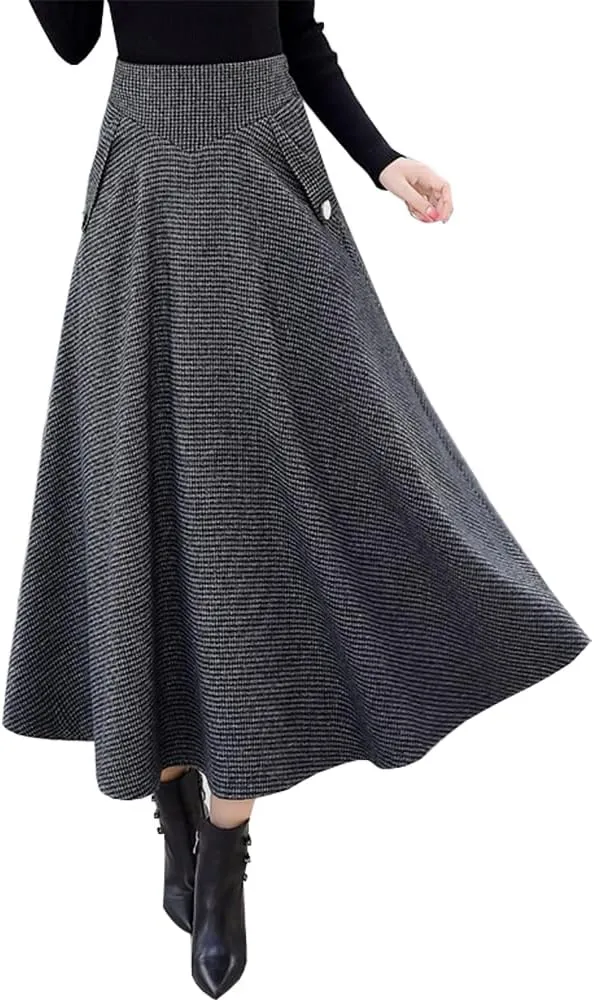 Ylingjun Warm Long Wool Skirt for Womens Winter Fall Elastic High Waisted A Line Flared Pleated Wool Skirts