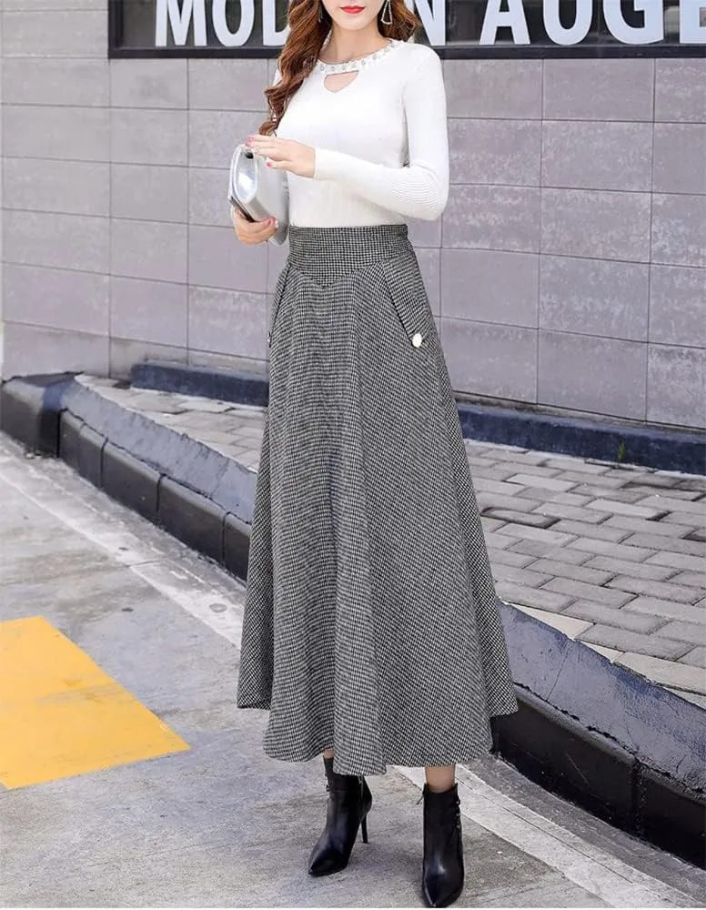 Ylingjun Warm Long Wool Skirt for Womens Winter Fall Elastic High Waisted A Line Flared Pleated Wool Skirts