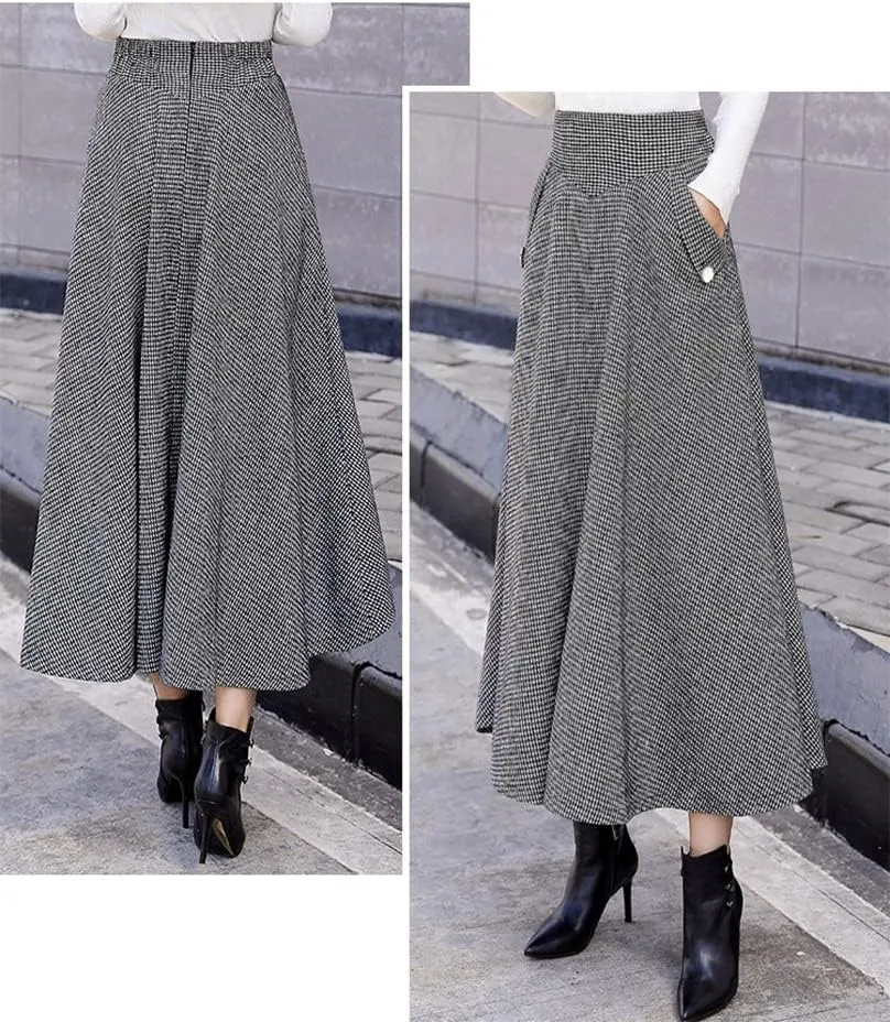 Ylingjun Warm Long Wool Skirt for Womens Winter Fall Elastic High Waisted A Line Flared Pleated Wool Skirts