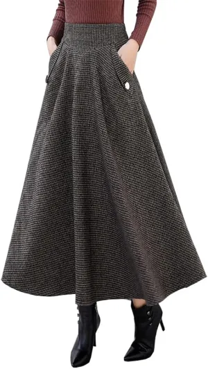 Ylingjun Warm Long Wool Skirt for Womens Winter Fall Elastic High Waisted A Line Flared Pleated Wool Skirts