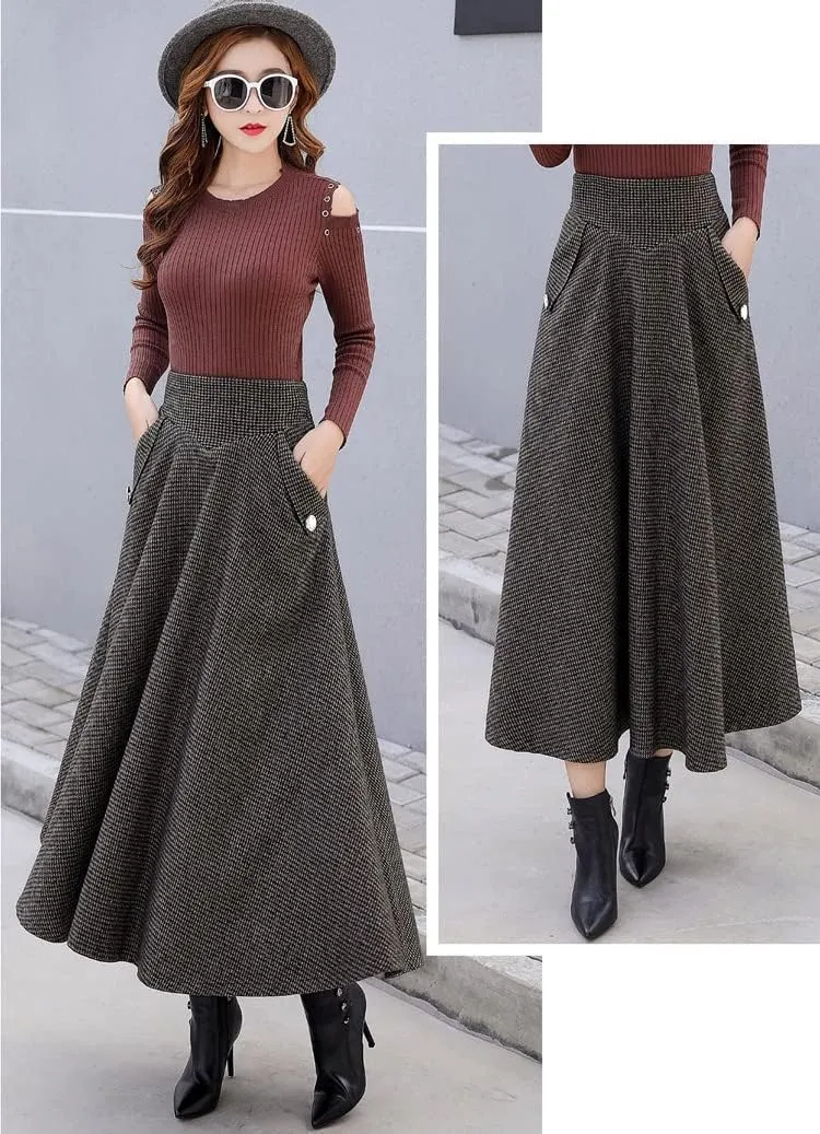 Ylingjun Warm Long Wool Skirt for Womens Winter Fall Elastic High Waisted A Line Flared Pleated Wool Skirts