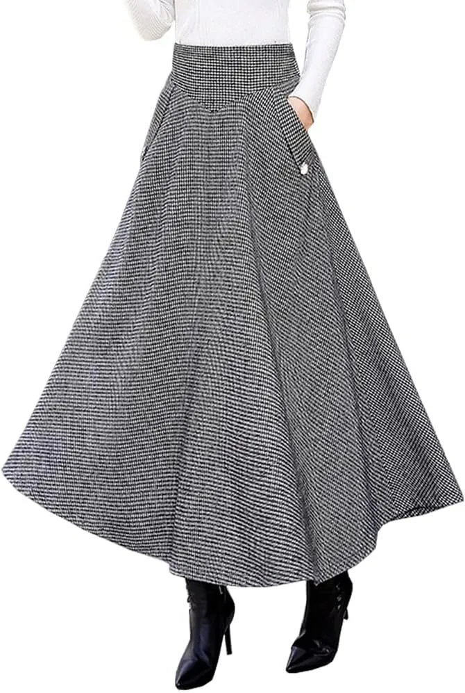 Ylingjun Warm Long Wool Skirt for Womens Winter Fall Elastic High Waisted A Line Flared Pleated Wool Skirts