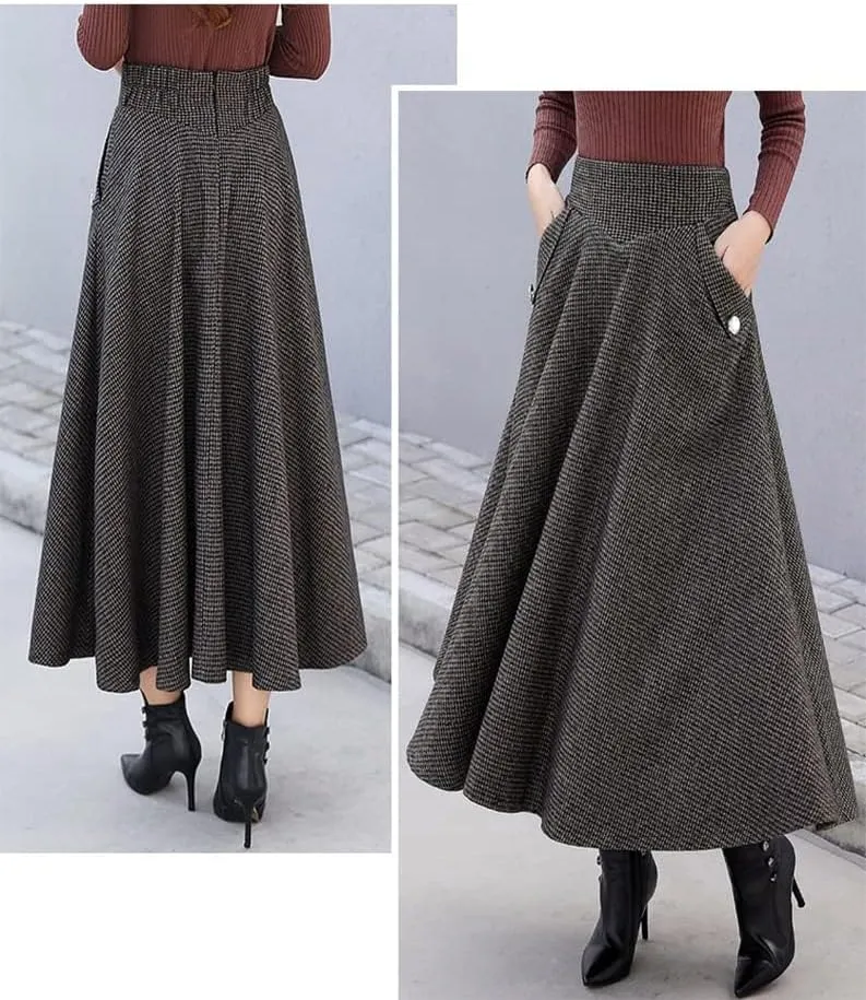 Ylingjun Warm Long Wool Skirt for Womens Winter Fall Elastic High Waisted A Line Flared Pleated Wool Skirts