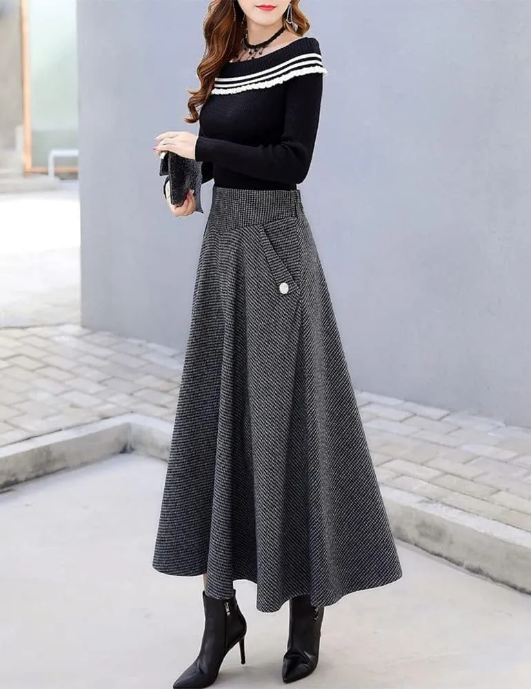 Ylingjun Warm Long Wool Skirt for Womens Winter Fall Elastic High Waisted A Line Flared Pleated Wool Skirts