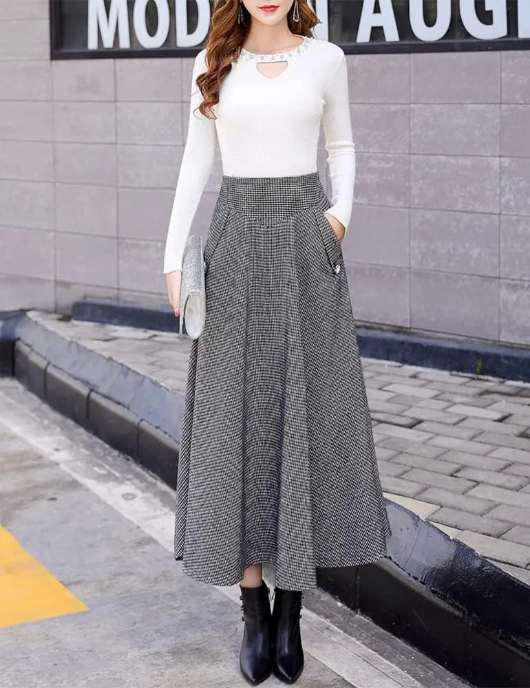 Ylingjun Warm Long Wool Skirt for Womens Winter Fall Elastic High Waisted A Line Flared Pleated Wool Skirts