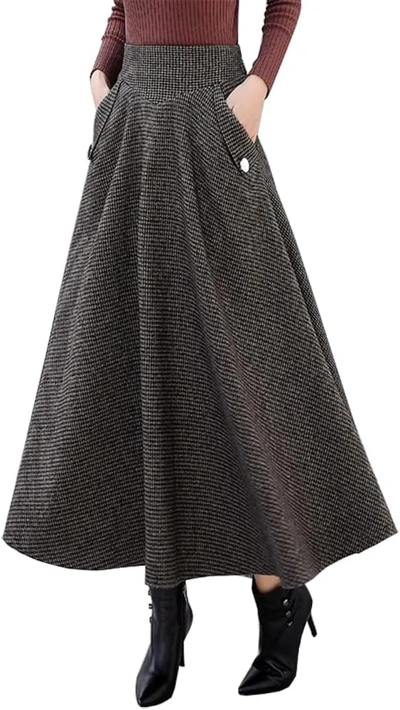 Ylingjun Warm Long Wool Skirt for Womens Winter Fall Elastic High Waisted A Line Flared Pleated Wool Skirts