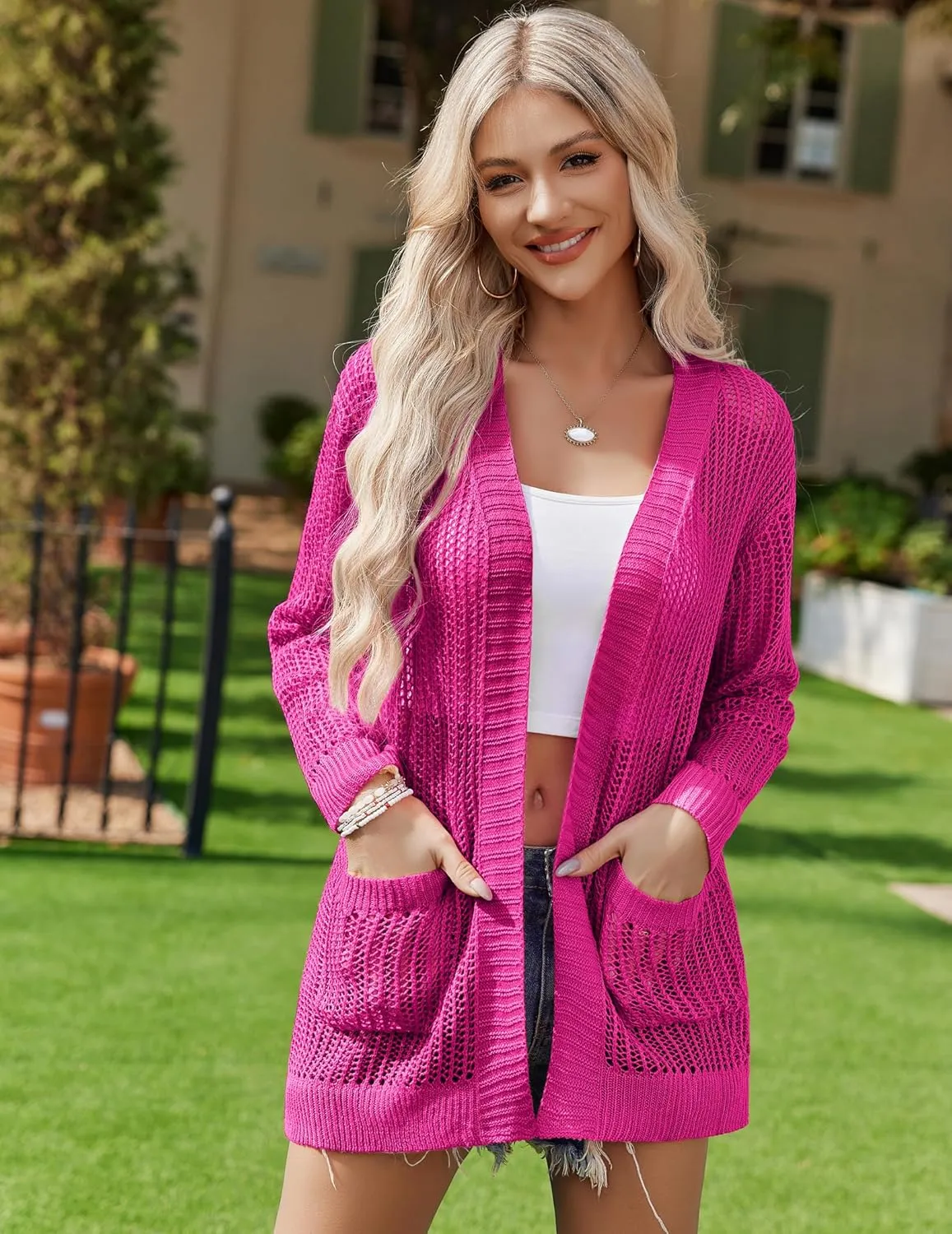 Zeagoo Women 2025 Lightweight Crochet Cardigan Long Sleeve Open Front Knit Sweater Summer Kimono Cover Up with Pockets