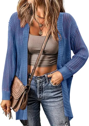Zeagoo Women 2025 Lightweight Crochet Cardigan Long Sleeve Open Front Knit Sweater Summer Kimono Cover Up with Pockets