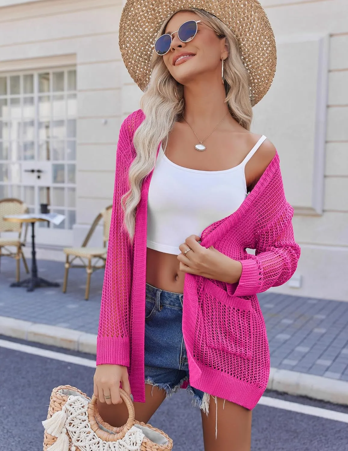 Zeagoo Women 2025 Lightweight Crochet Cardigan Long Sleeve Open Front Knit Sweater Summer Kimono Cover Up with Pockets