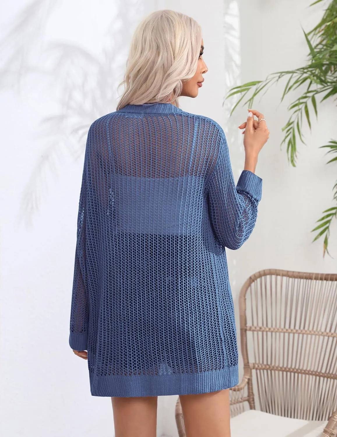 Zeagoo Women 2025 Lightweight Crochet Cardigan Long Sleeve Open Front Knit Sweater Summer Kimono Cover Up with Pockets