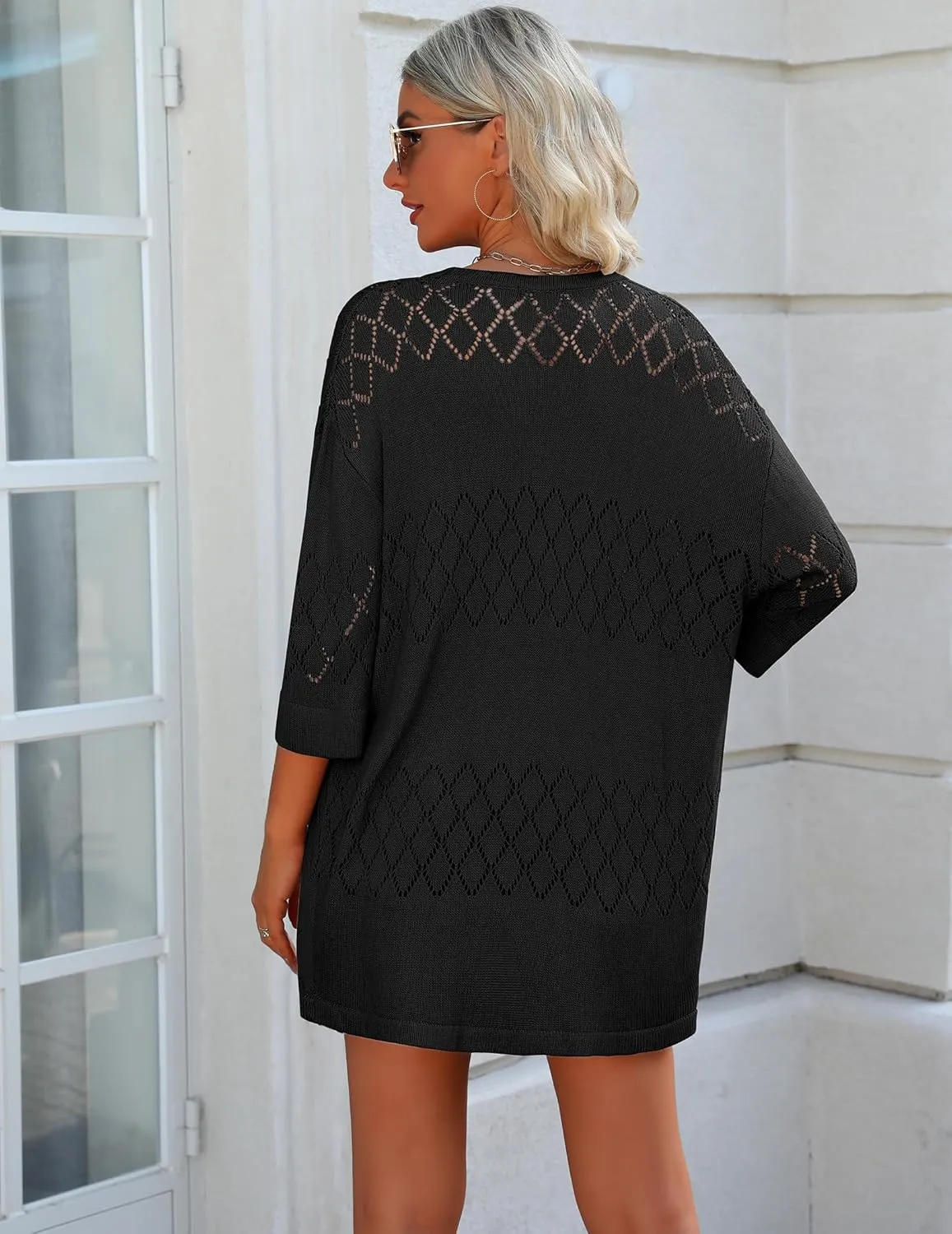 Zeagoo Womens 2025 Lightweight Crochet Cardigan Sweaters Open Front 3/4 Sleeve Knit Kimono Summer Boho Cover Up