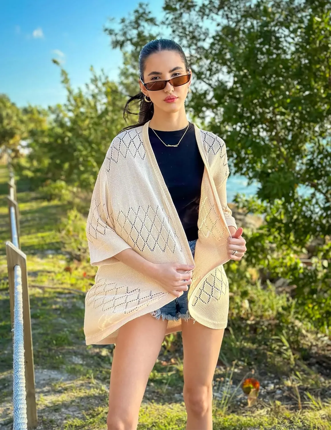 Zeagoo Womens 2025 Lightweight Crochet Cardigan Sweaters Open Front 3/4 Sleeve Knit Kimono Summer Boho Cover Up