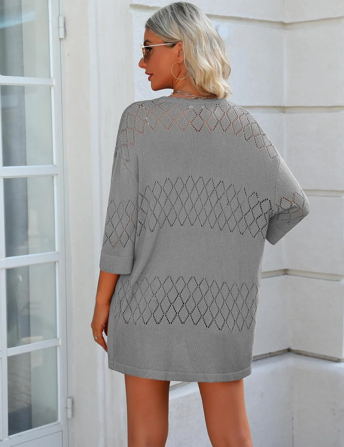 Zeagoo Womens 2025 Lightweight Crochet Cardigan Sweaters Open Front 3/4 Sleeve Knit Kimono Summer Boho Cover Up