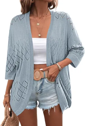 Zeagoo Womens 2025 Lightweight Crochet Cardigan Sweaters Open Front 3/4 Sleeve Knit Kimono Summer Boho Cover Up