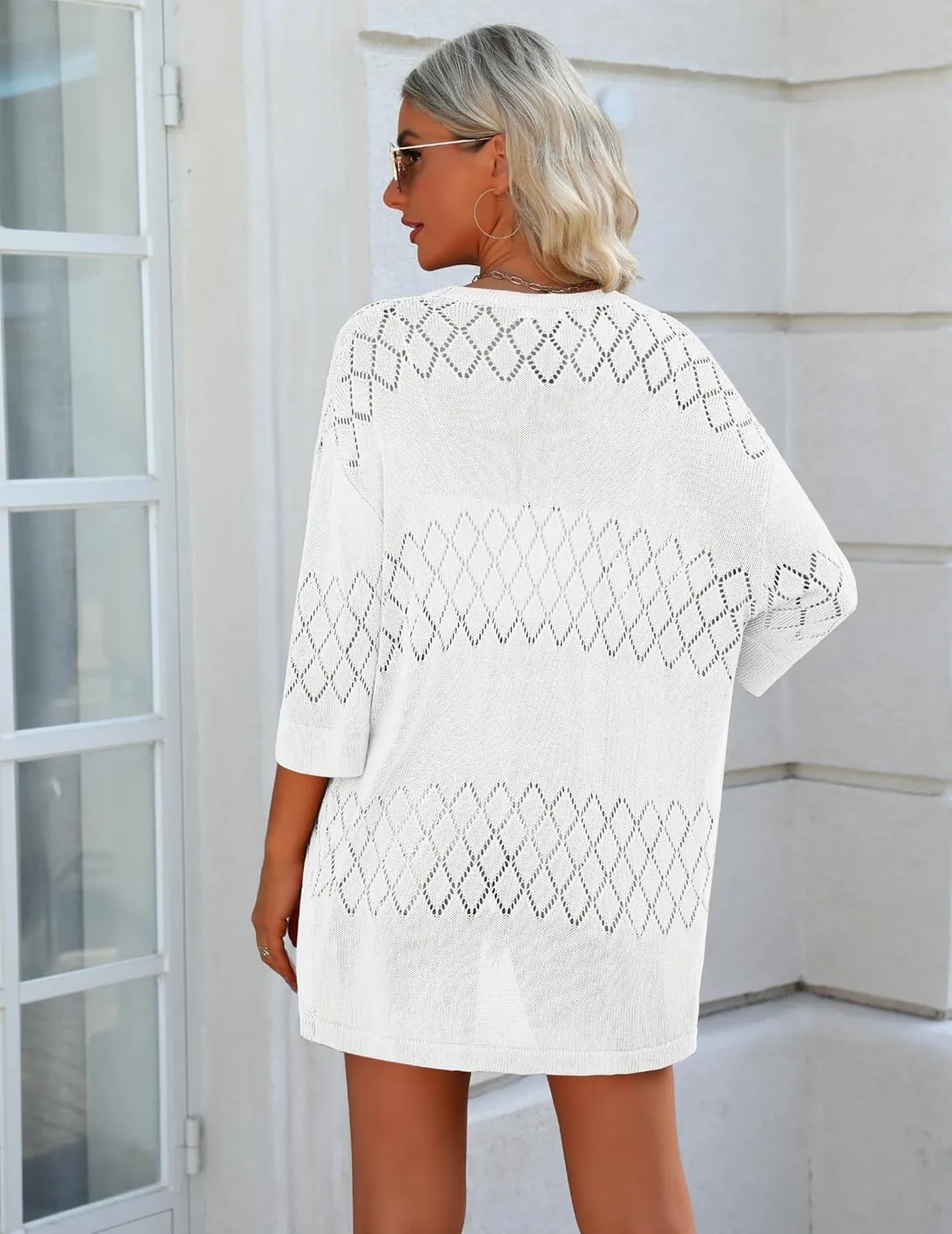 Zeagoo Womens 2025 Lightweight Crochet Cardigan Sweaters Open Front 3/4 Sleeve Knit Kimono Summer Boho Cover Up