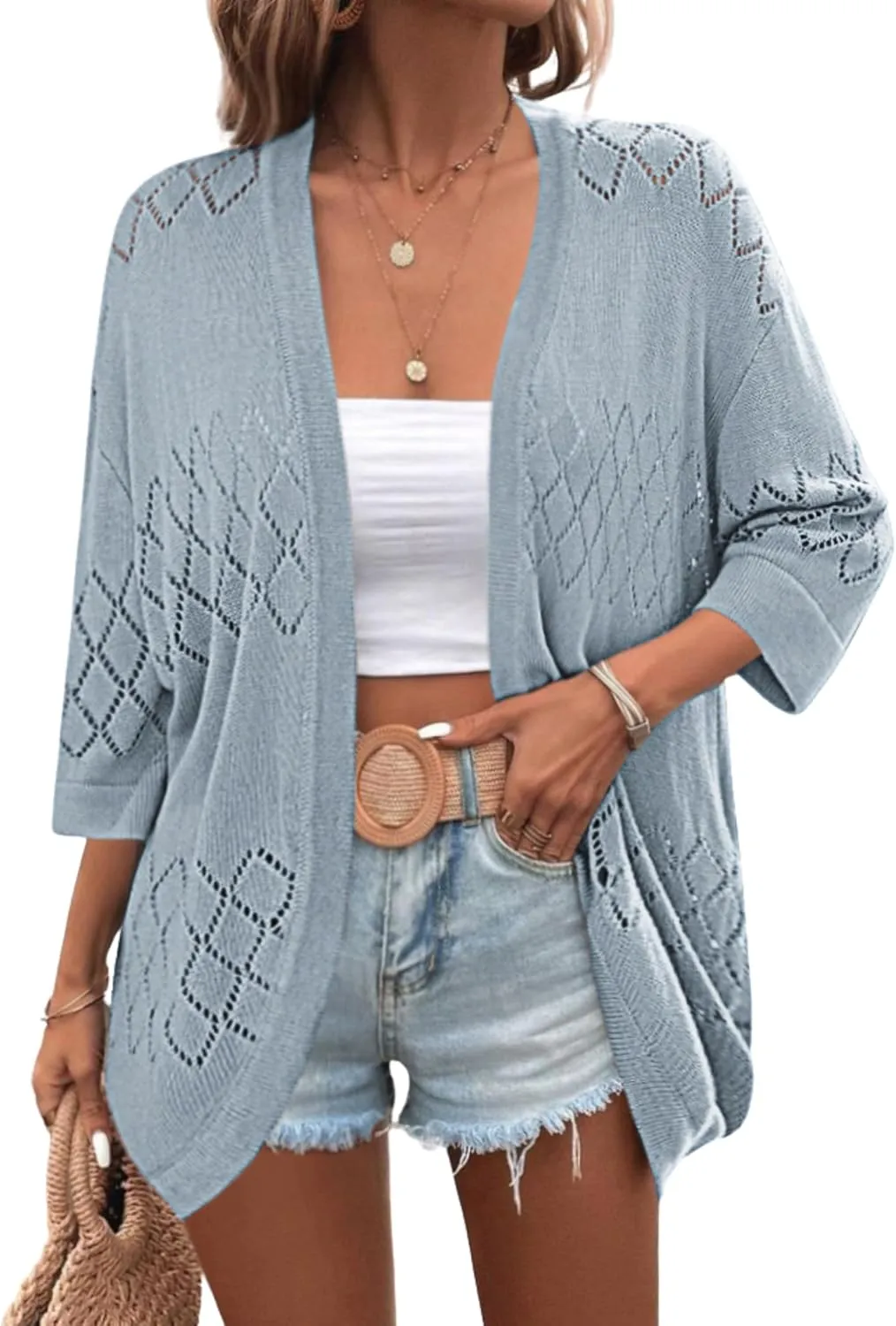 Zeagoo Womens 2025 Lightweight Crochet Cardigan Sweaters Open Front 3/4 Sleeve Knit Kimono Summer Boho Cover Up