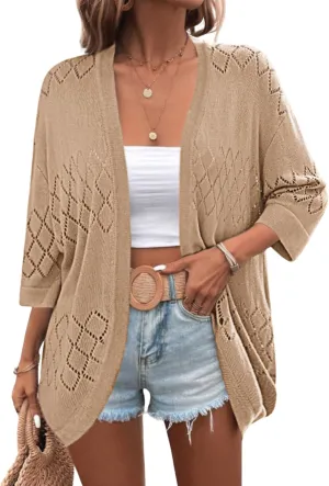 Zeagoo Womens 2025 Lightweight Crochet Cardigan Sweaters Open Front 3/4 Sleeve Knit Kimono Summer Boho Cover Up
