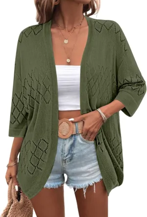 Zeagoo Womens 2025 Lightweight Crochet Cardigan Sweaters Open Front 3/4 Sleeve Knit Kimono Summer Boho Cover Up