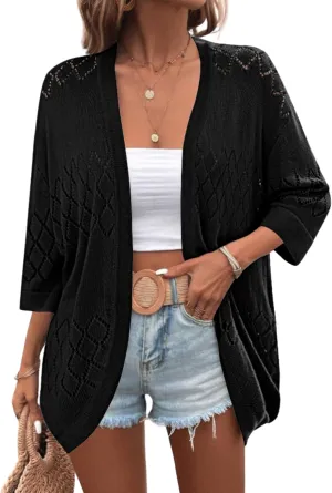 Zeagoo Womens 2025 Lightweight Crochet Cardigan Sweaters Open Front 3/4 Sleeve Knit Kimono Summer Boho Cover Up