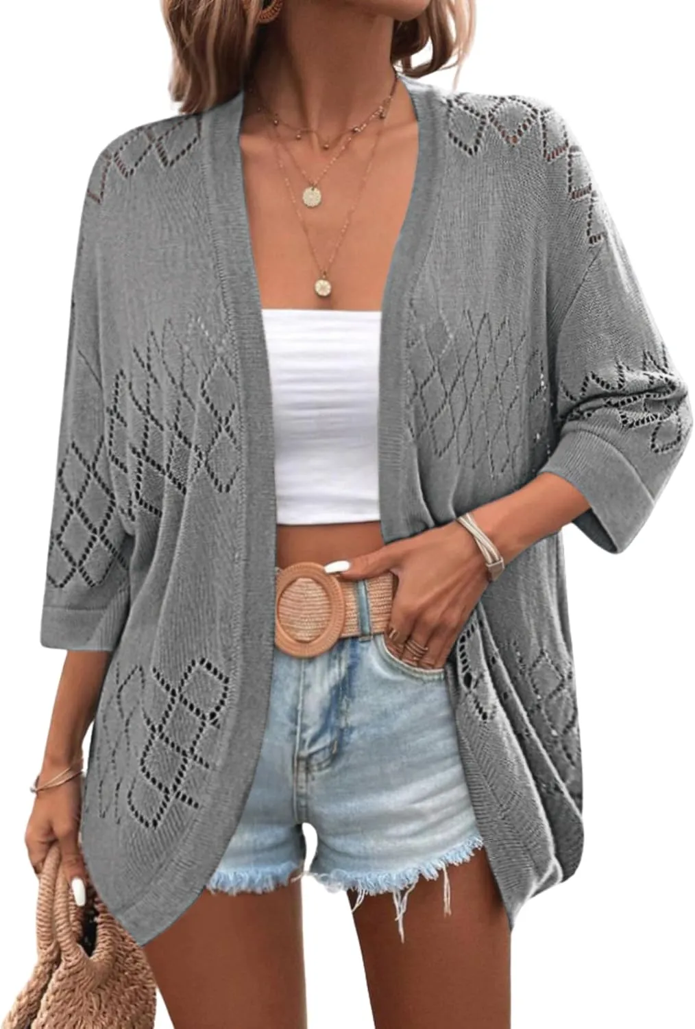Zeagoo Womens 2025 Lightweight Crochet Cardigan Sweaters Open Front 3/4 Sleeve Knit Kimono Summer Boho Cover Up