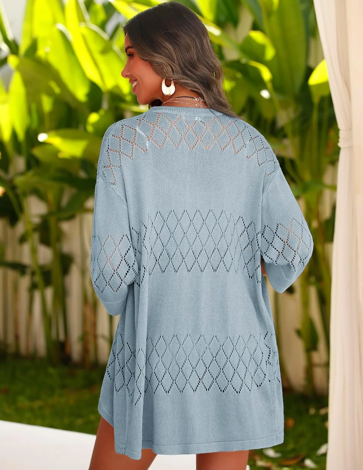 Zeagoo Womens 2025 Lightweight Crochet Cardigan Sweaters Open Front 3/4 Sleeve Knit Kimono Summer Boho Cover Up