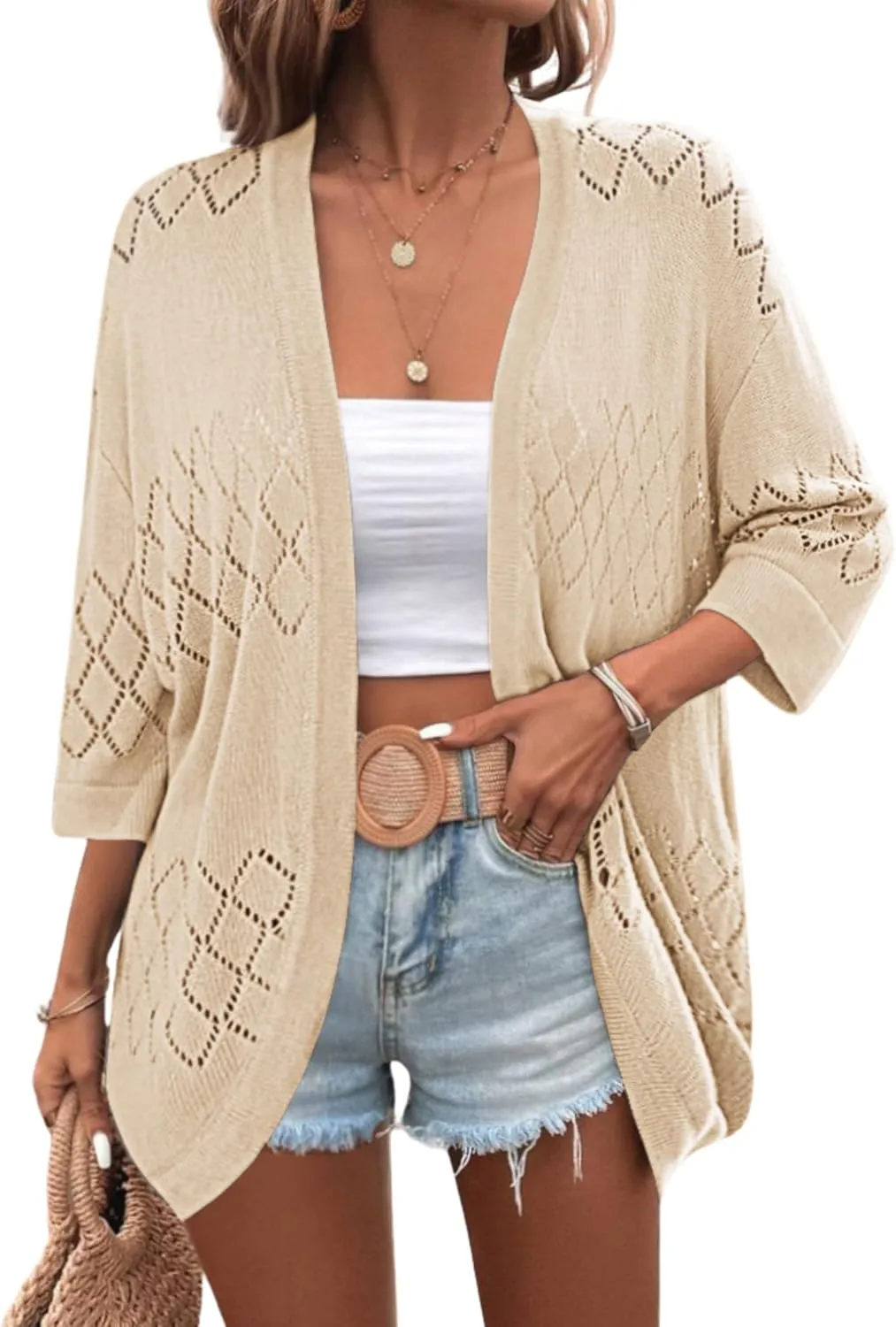 Zeagoo Womens 2025 Lightweight Crochet Cardigan Sweaters Open Front 3/4 Sleeve Knit Kimono Summer Boho Cover Up