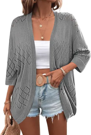 Zeagoo Womens 2025 Lightweight Crochet Cardigan Sweaters Open Front 3/4 Sleeve Knit Kimono Summer Boho Cover Up