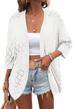 Zeagoo Womens 2025 Lightweight Crochet Cardigan Sweaters Open Front 3/4 Sleeve Knit Kimono Summer Boho Cover Up