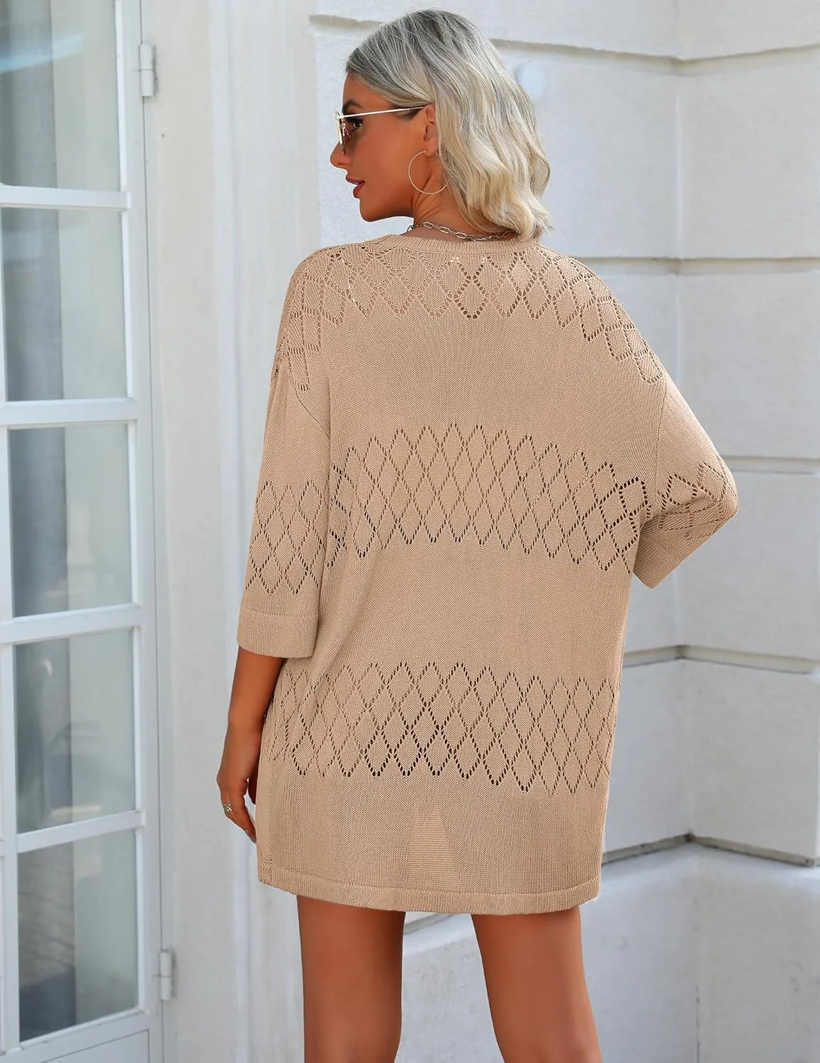 Zeagoo Womens 2025 Lightweight Crochet Cardigan Sweaters Open Front 3/4 Sleeve Knit Kimono Summer Boho Cover Up