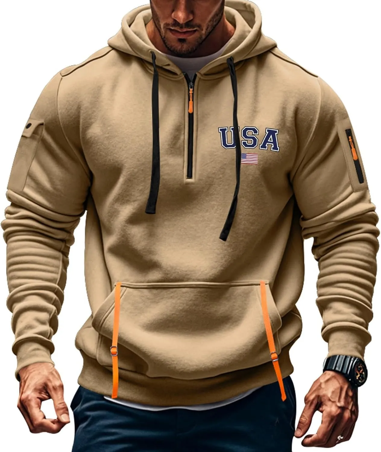 ZEFOTIM Hoodie for Men Drawstring Quarter Zip Pullover 1776 American Sweatshirt Workout Hoodie with Pockets