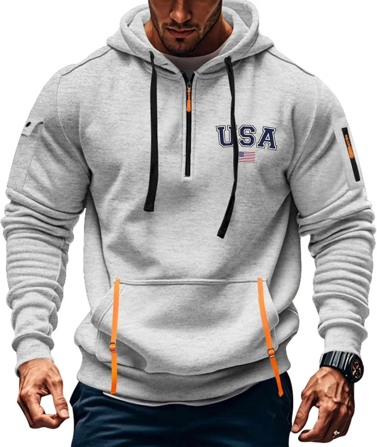 ZEFOTIM Workout Hoodies for Men Drawstring Quarter Zip Sweatshirts 1776 American Sweatshirt Lounge Pullover with Pockets