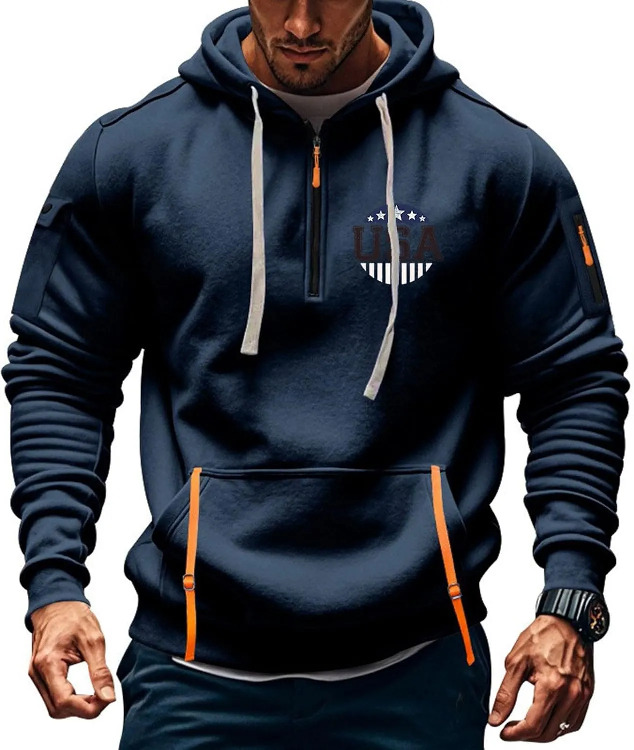 ZEFOTIM Workout Hoodies for Men Drawstring Quarter Zip Sweatshirts 1776 American Sweatshirt Lounge Pullover with Pockets