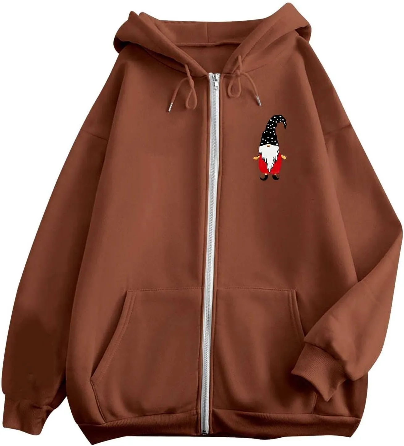 Zip Up Hoodie Women Oversized Christmas Santa Long Sleeve Crewneck Jacket Drawstring Hoodies with Pockets