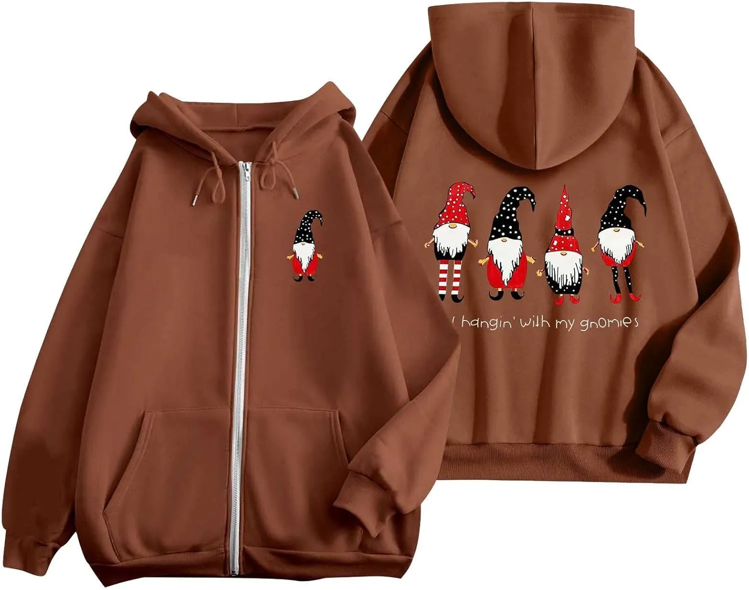 Zip Up Hoodie Women Oversized Christmas Santa Long Sleeve Crewneck Jacket Drawstring Hoodies with Pockets