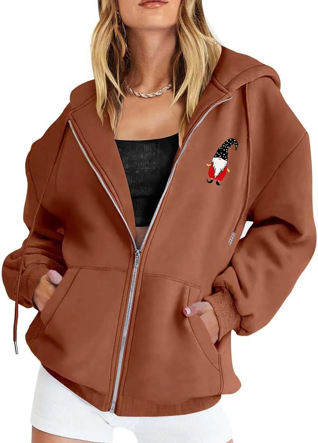 Zip Up Hoodie Women Oversized Christmas Santa Long Sleeve Crewneck Jacket Drawstring Hoodies with Pockets