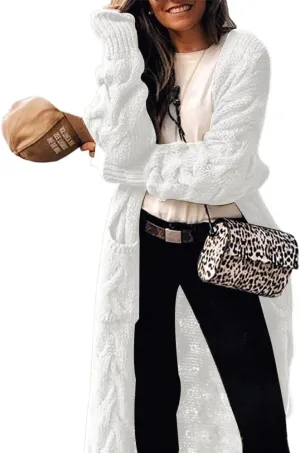 ZIWOCH Women's Long Cardigan Coats Cable Knit Casual Open Front Long Sleeve Loose Sweater with Pockets
