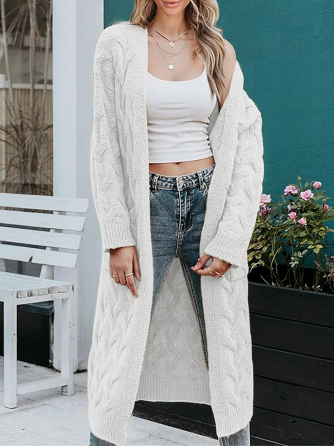 ZIWOCH Women's Long Cardigan Coats Cable Knit Casual Open Front Long Sleeve Loose Sweater with Pockets