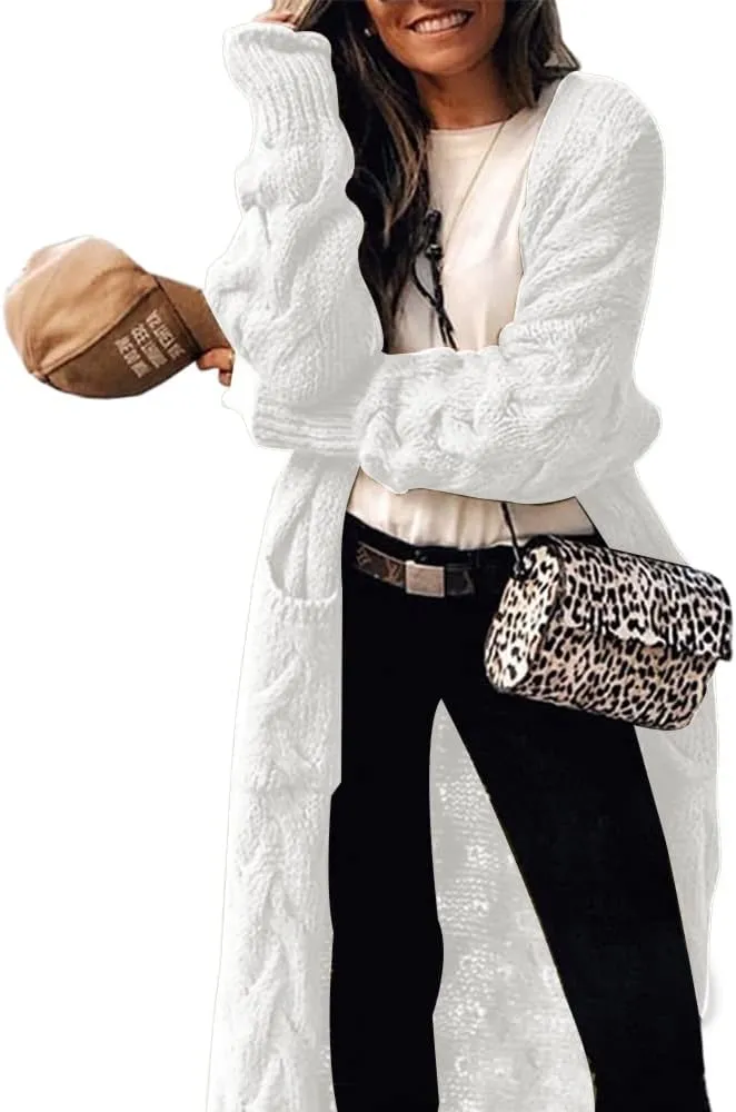 ZIWOCH Women's Long Cardigan Coats Cable Knit Casual Open Front Long Sleeve Loose Sweater with Pockets