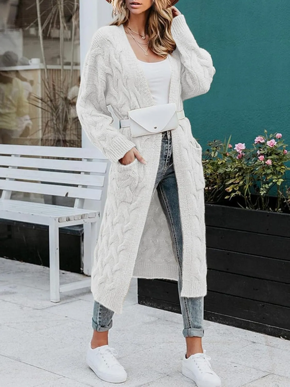 ZIWOCH Women's Long Cardigan Coats Cable Knit Casual Open Front Long Sleeve Loose Sweater with Pockets