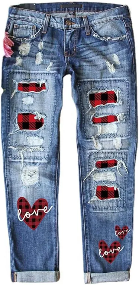 ZOCAVIA Womens Ripped Denim Pants Plus Size Casual Stretch Skinny High Waist Washed Jeans Patched Patchwork Denim Jeans