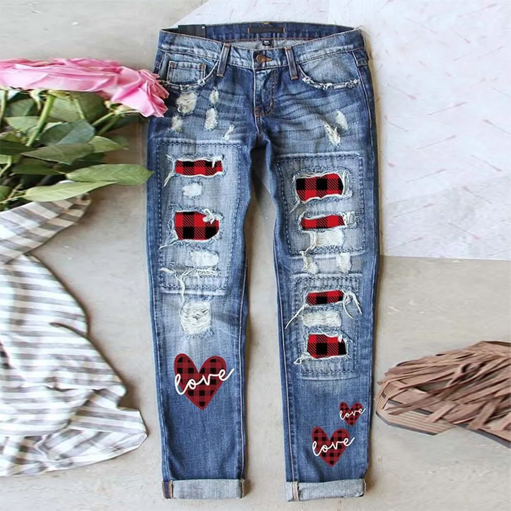 ZOCAVIA Womens Ripped Denim Pants Plus Size Casual Stretch Skinny High Waist Washed Jeans Patched Patchwork Denim Jeans