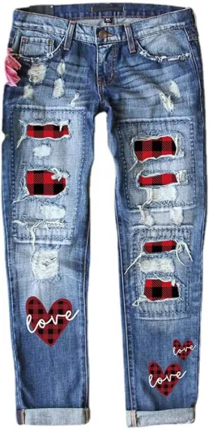 ZOCAVIA Womens Ripped Denim Pants Plus Size Casual Stretch Skinny High Waist Washed Jeans Patched Patchwork Denim Jeans