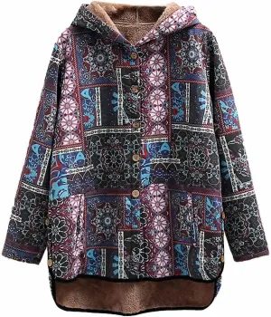 ZYXTIM Women Warm Coat Jacket Ethnic Boho Print Long Sleeves Flannel Lining Winter Overcoat Hooded Parka Outwear Christmas